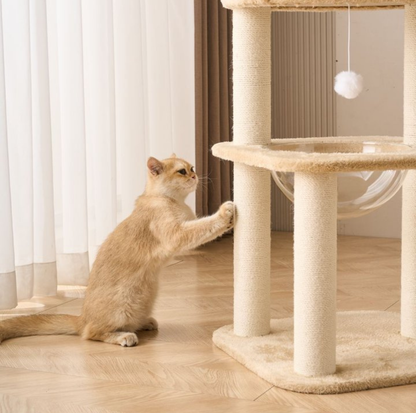Khaki Plush Four-Level Cat Tree with Acrylic Bowl