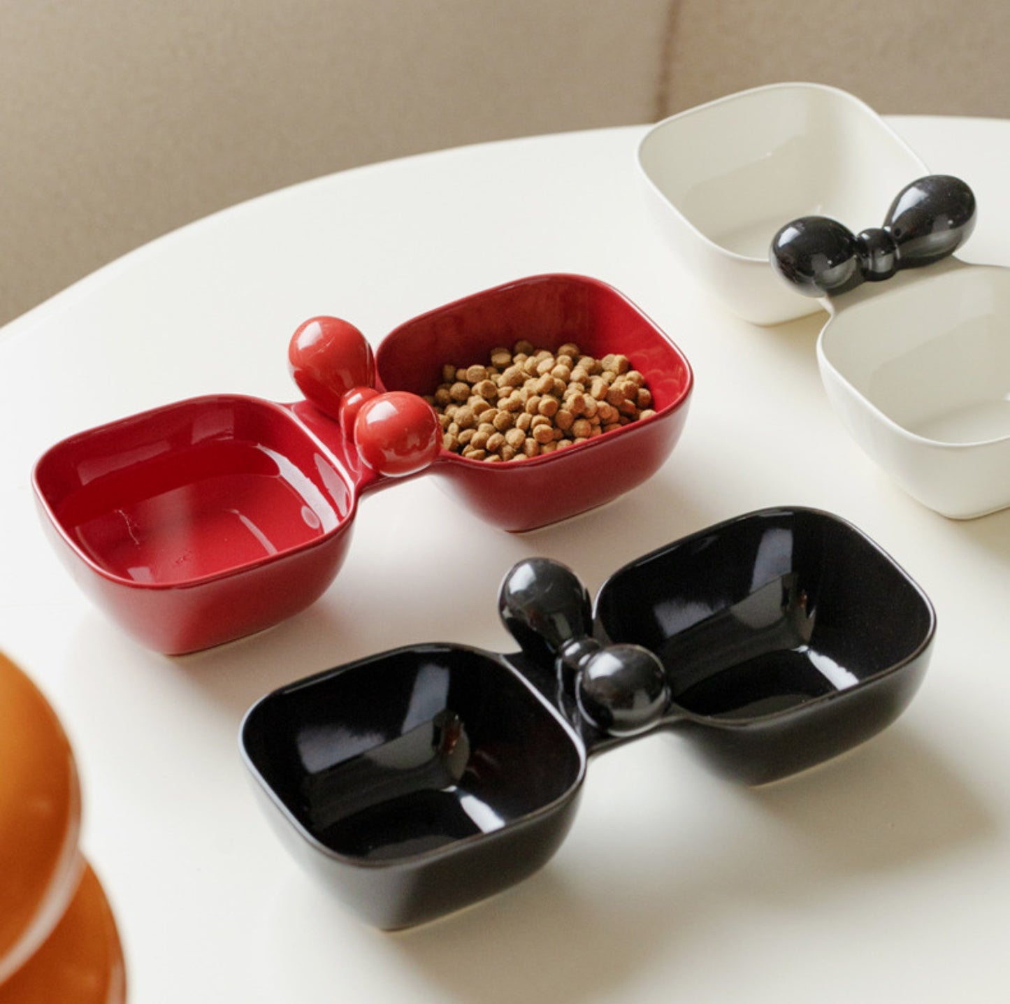 Ceramic Double Pet Bowl with Bow Design