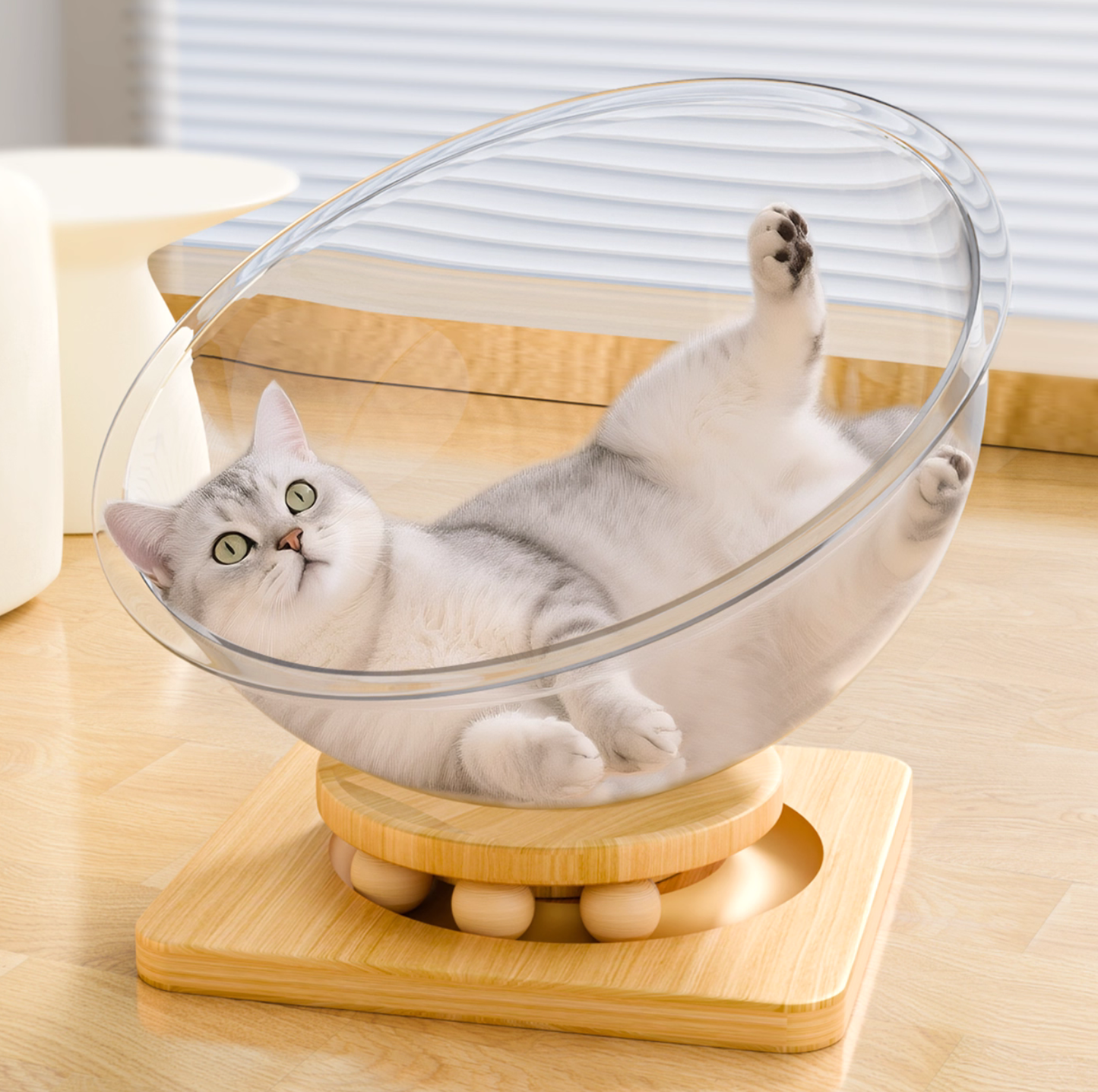 Clear Acrylic All-Season Cat Nest – Modern Floating Pod Bed with Wooden Base