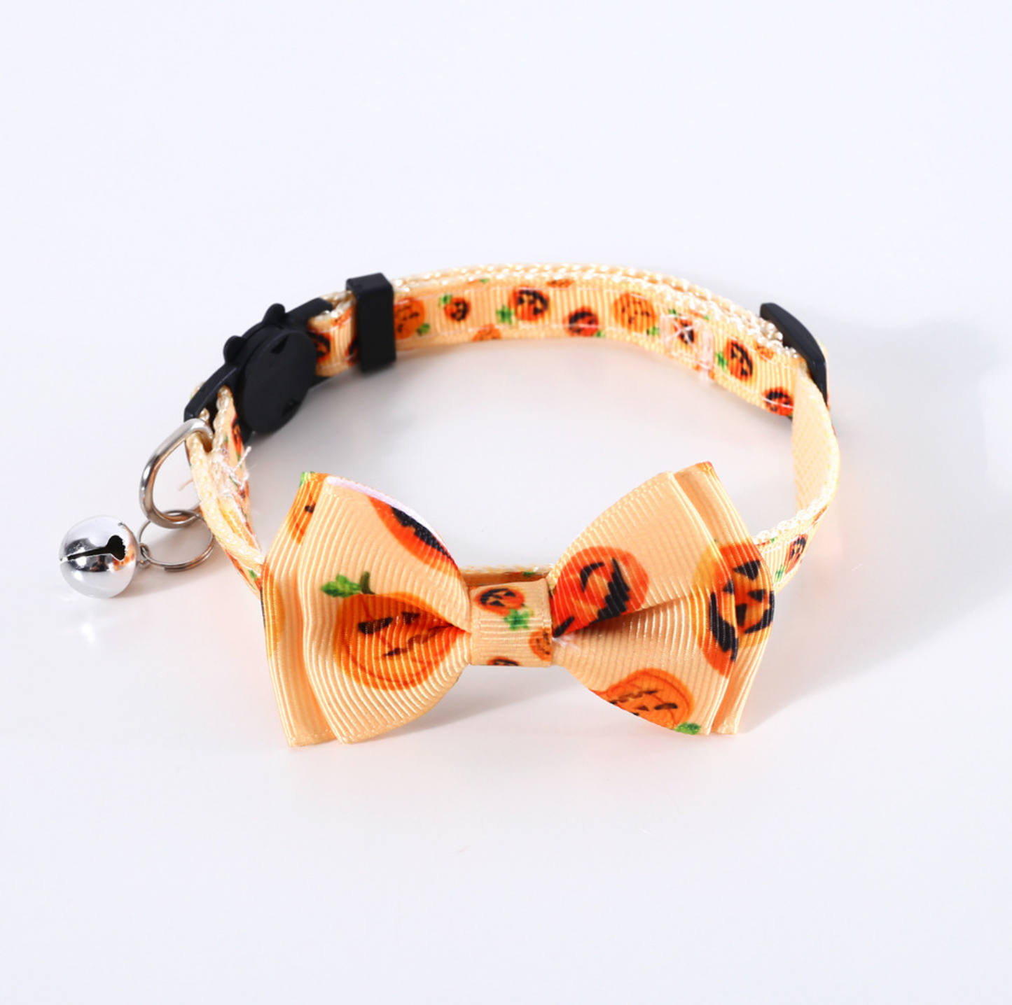 Halloween Bow Tie Cat & Dog Collar – Pumpkin Print with Bell (Adjustable Breakaway Design)