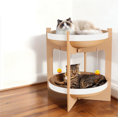 Double-Layer Cat Scratcher Lounge Tower with Hanging Toys