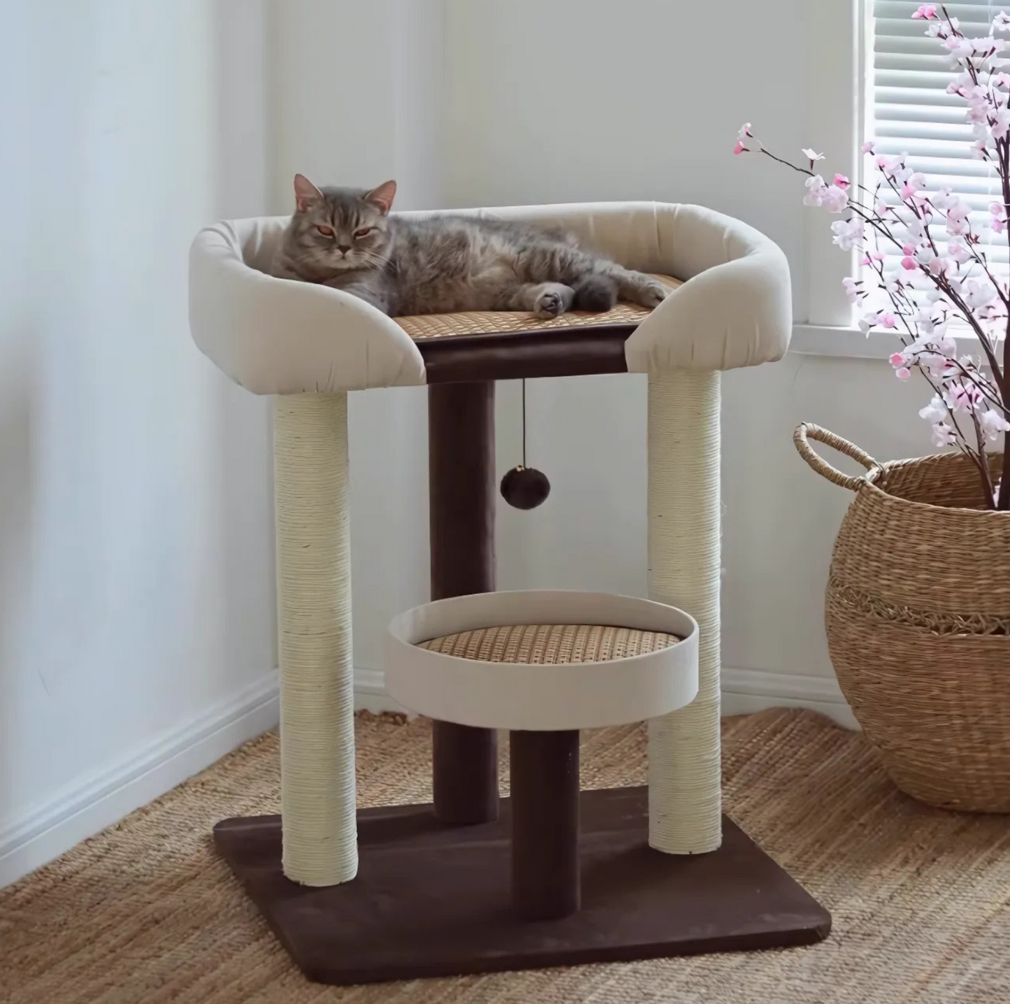 Japanese-Style Double-Level Cat Tree Cat Sofa - 90901B, Perfect for Window-Side Lounging