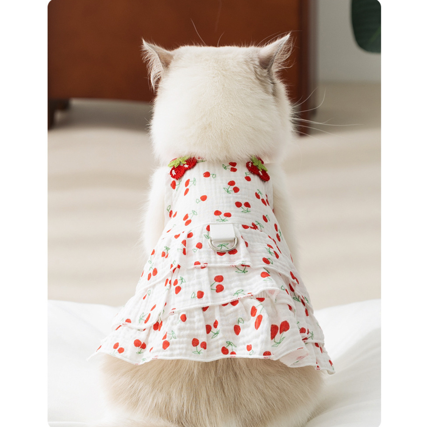 Cherry Suspender Pet Dress with D-Ring for Cats & Small Dogs