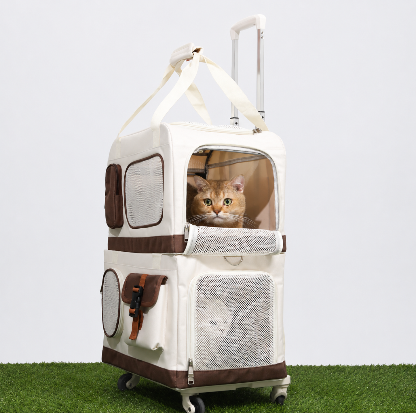 Double-Decker Trolley Pet Carrier Bag with Storage Pockets