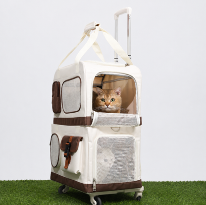 Double-Decker Trolley Pet Carrier Bag with Storage Pockets