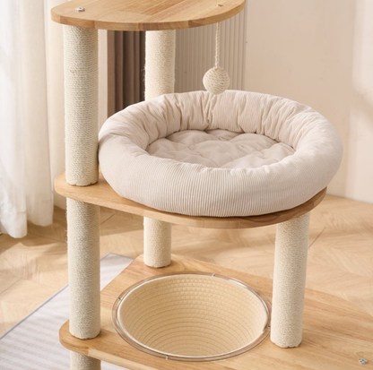Wooden Cat Tree with Vertical Sisal Scratching Board & Play Features