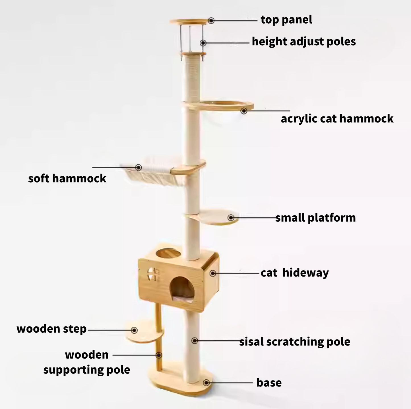 Solid Wood Adjustable Ceiling-Mounted Cat Tower - Style A