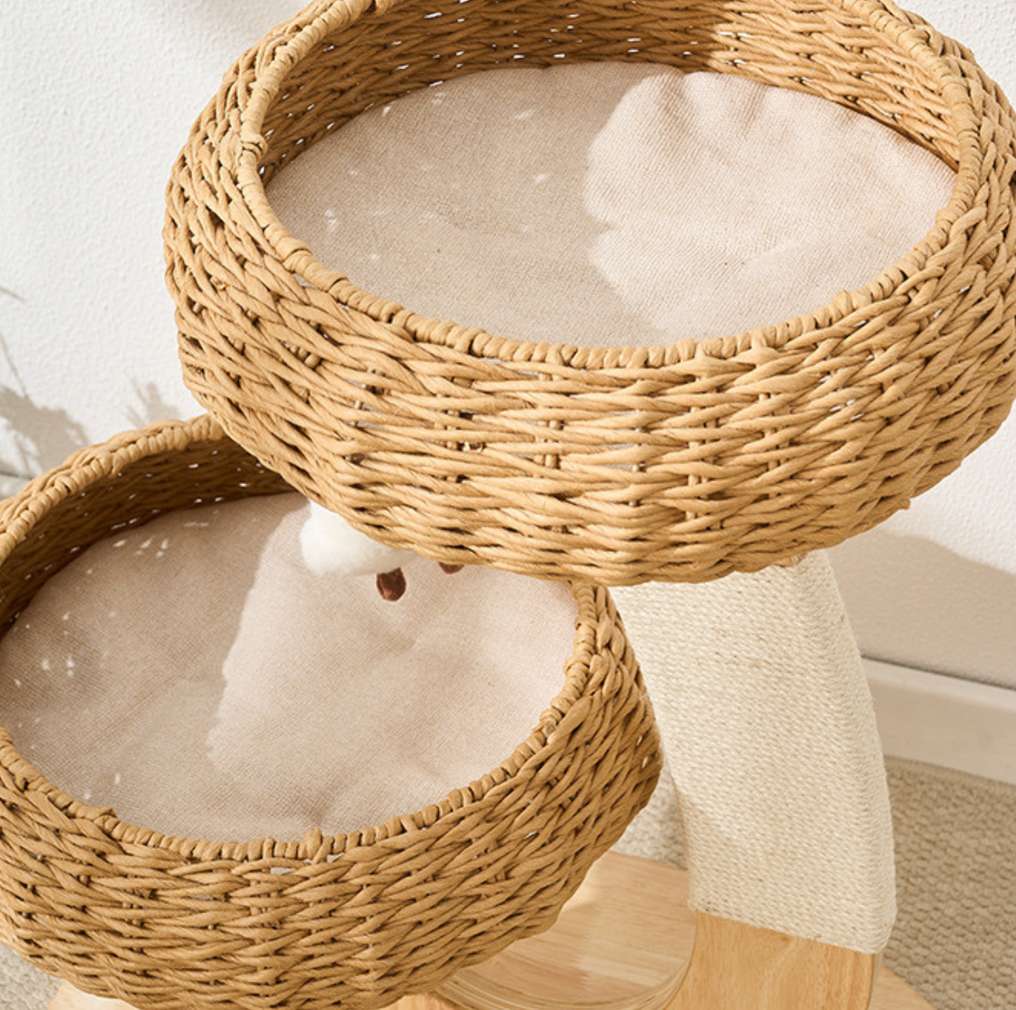 Rattan Nest Solid Wood Double-Level Cat Tree