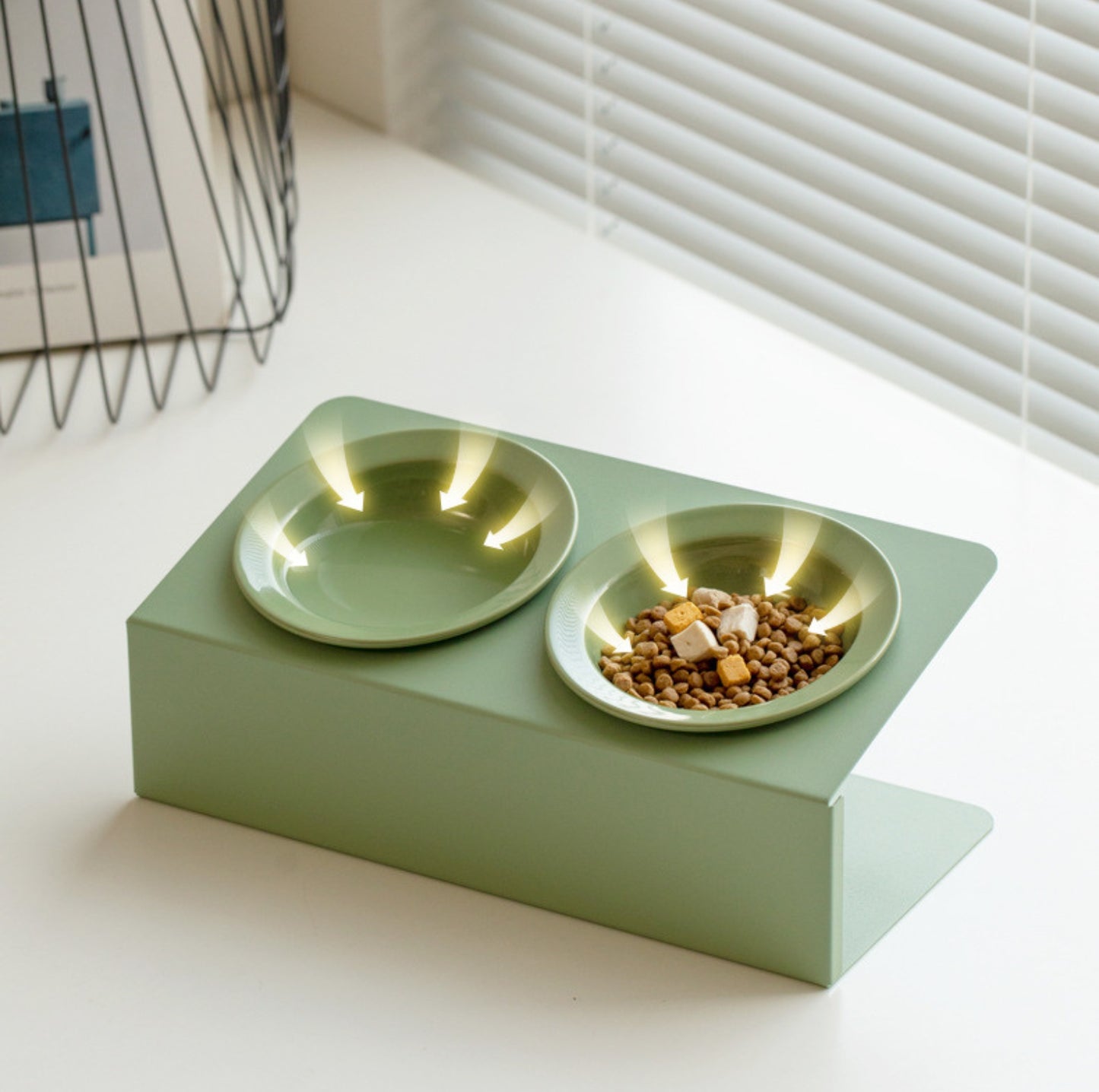 Ceramic Double Pet Bowl with Tilted Iron Stand