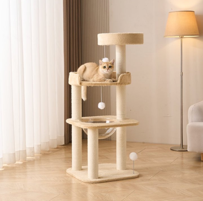 Khaki Plush Four-Level Cat Tree with Acrylic Bowl
