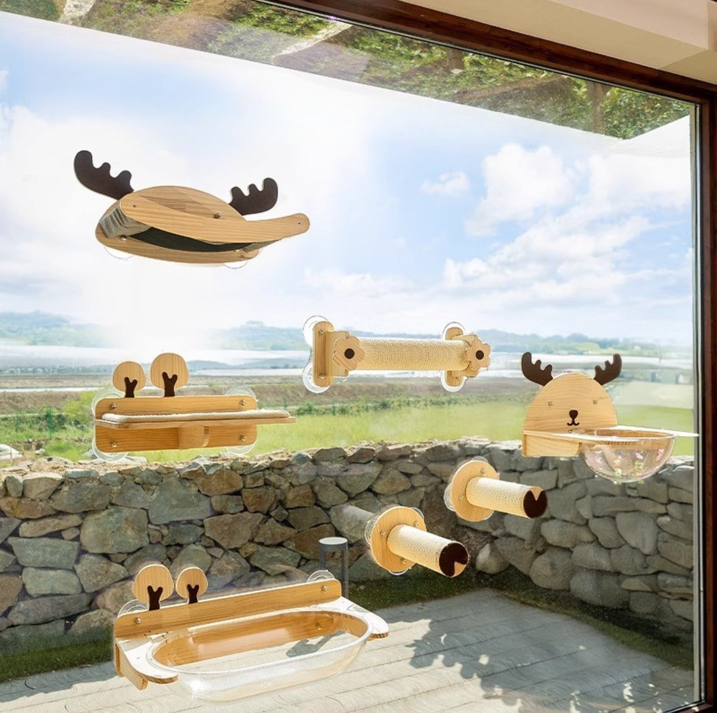 Elk-Themed Wall & Window Cat Playground Set (Screws & Suction Cups Included)