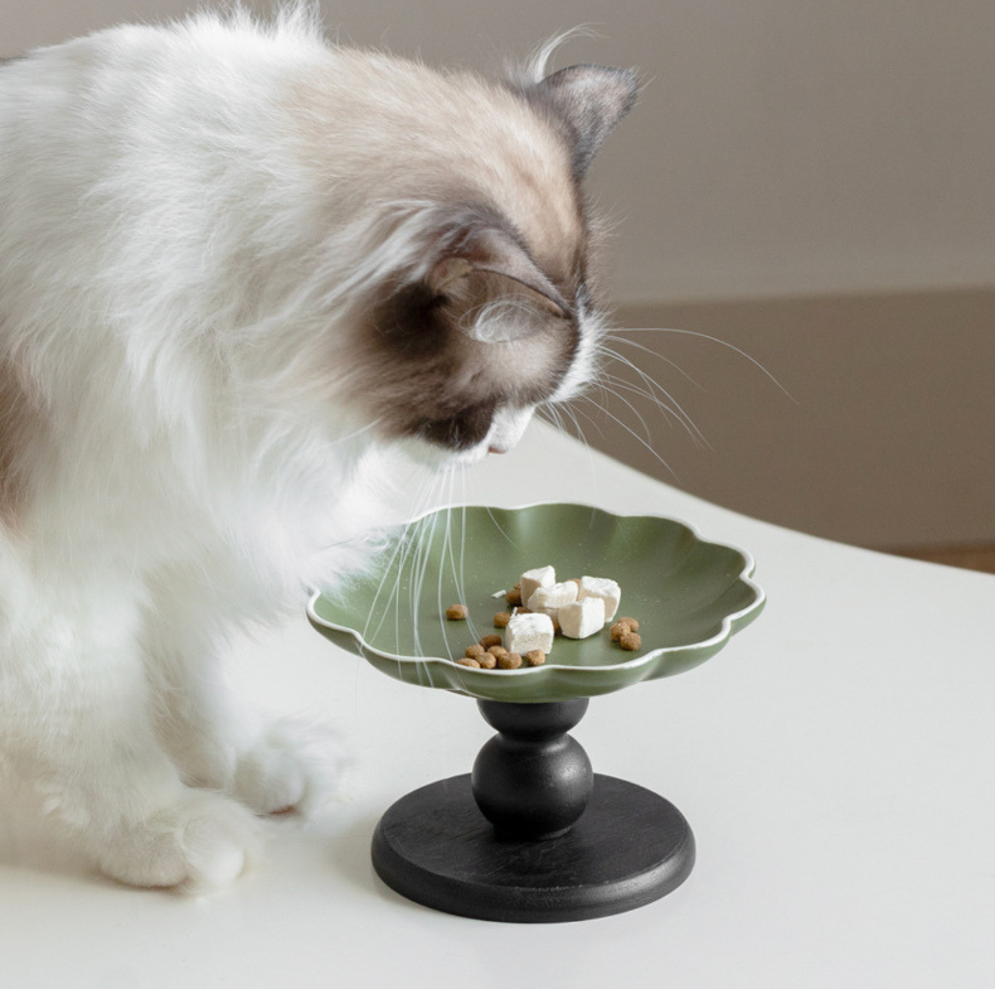 Vintage Petal Ceramic Cat Bowl with Wooden Stand