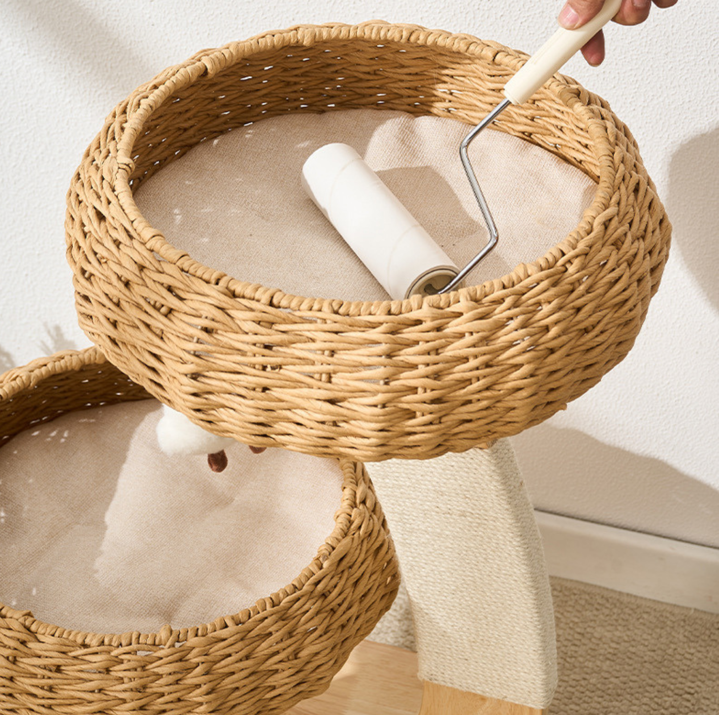 Rattan Nest Solid Wood Double-Level Cat Tree