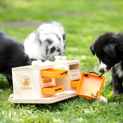 Interactive Wooden Dog Puzzle Toy – Two Towers Multi-Level Treat Game (Advanced Enrichment)