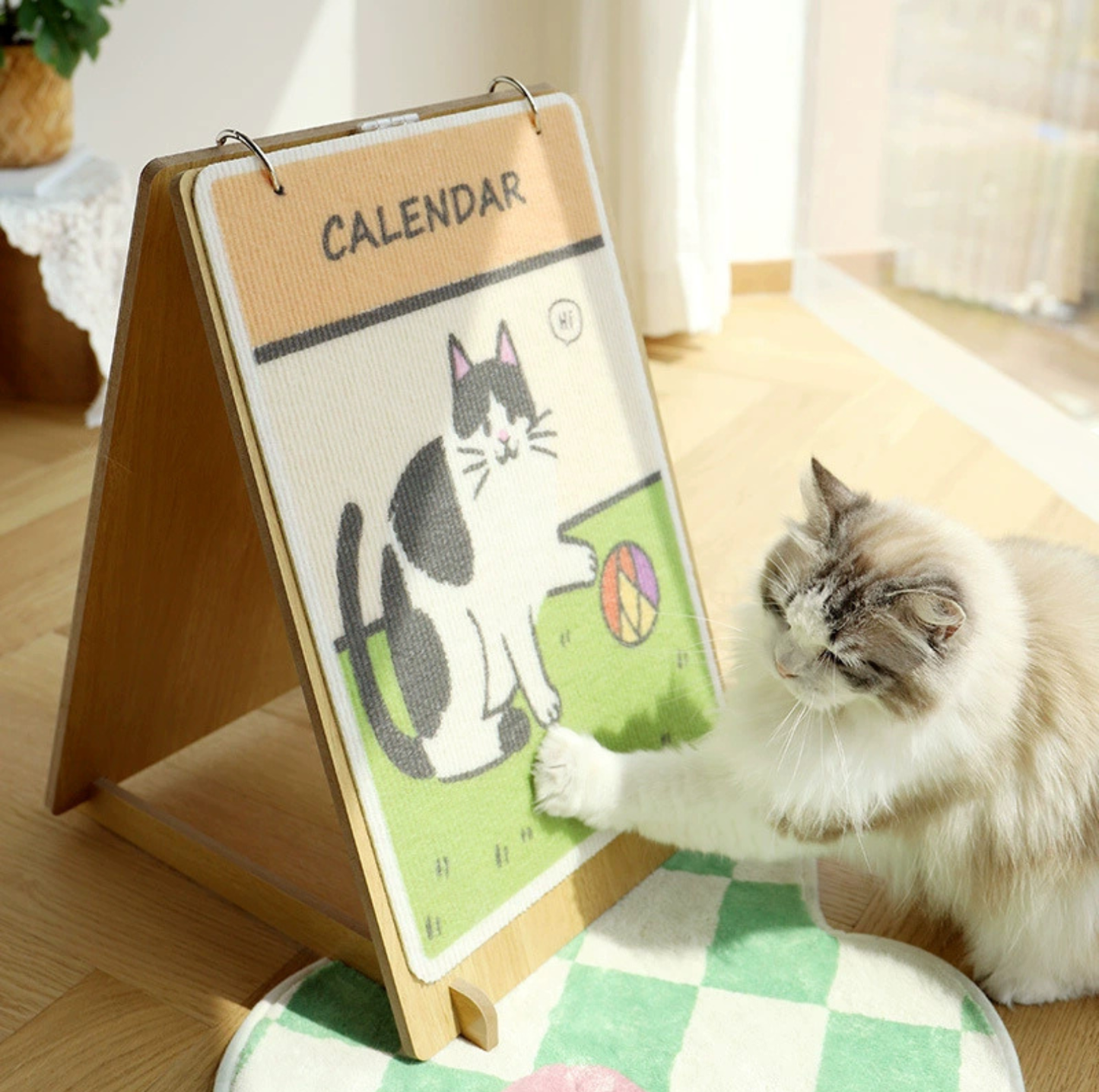 Playful Tuxedo Cat Calendar-Style Scratcher Board