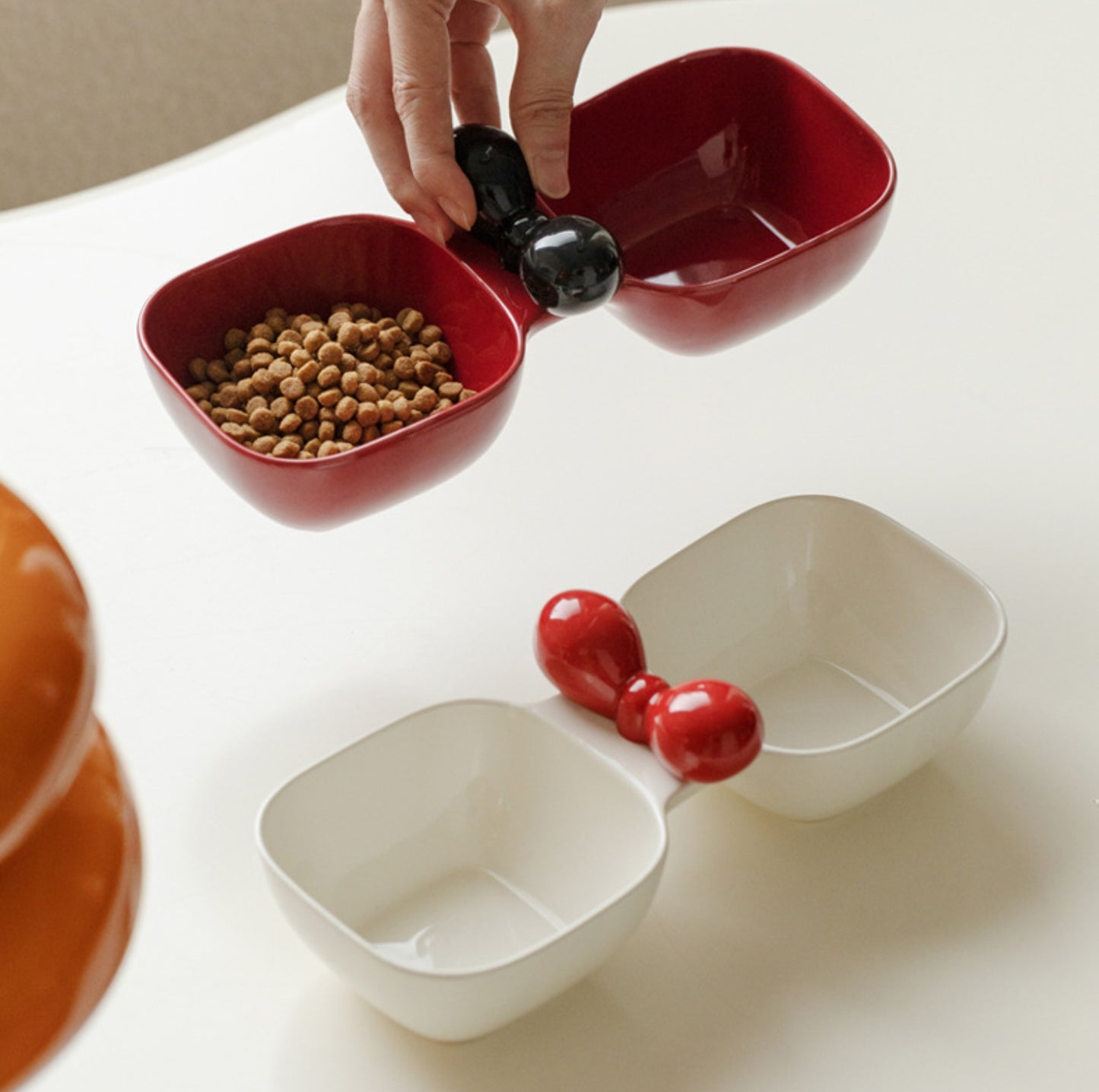 Ceramic Double Pet Bowl with Bow Design