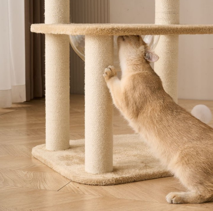 Khaki Plush Four-Level Cat Tree with Acrylic Bowl