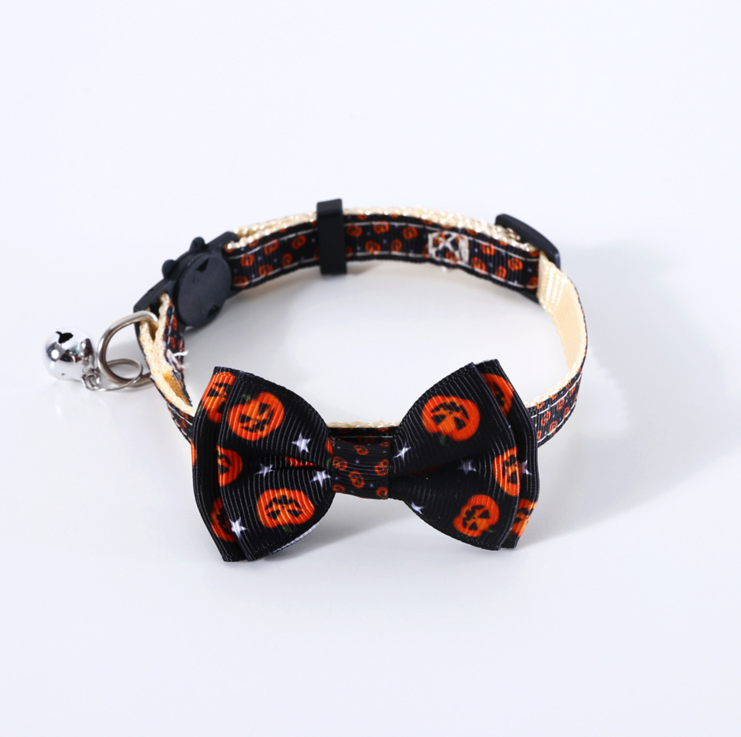 Halloween Bow Tie Cat & Dog Collar – Pumpkin Print with Bell (Adjustable Breakaway Design)