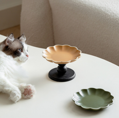 Vintage Petal Ceramic Cat Bowl with Wooden Stand