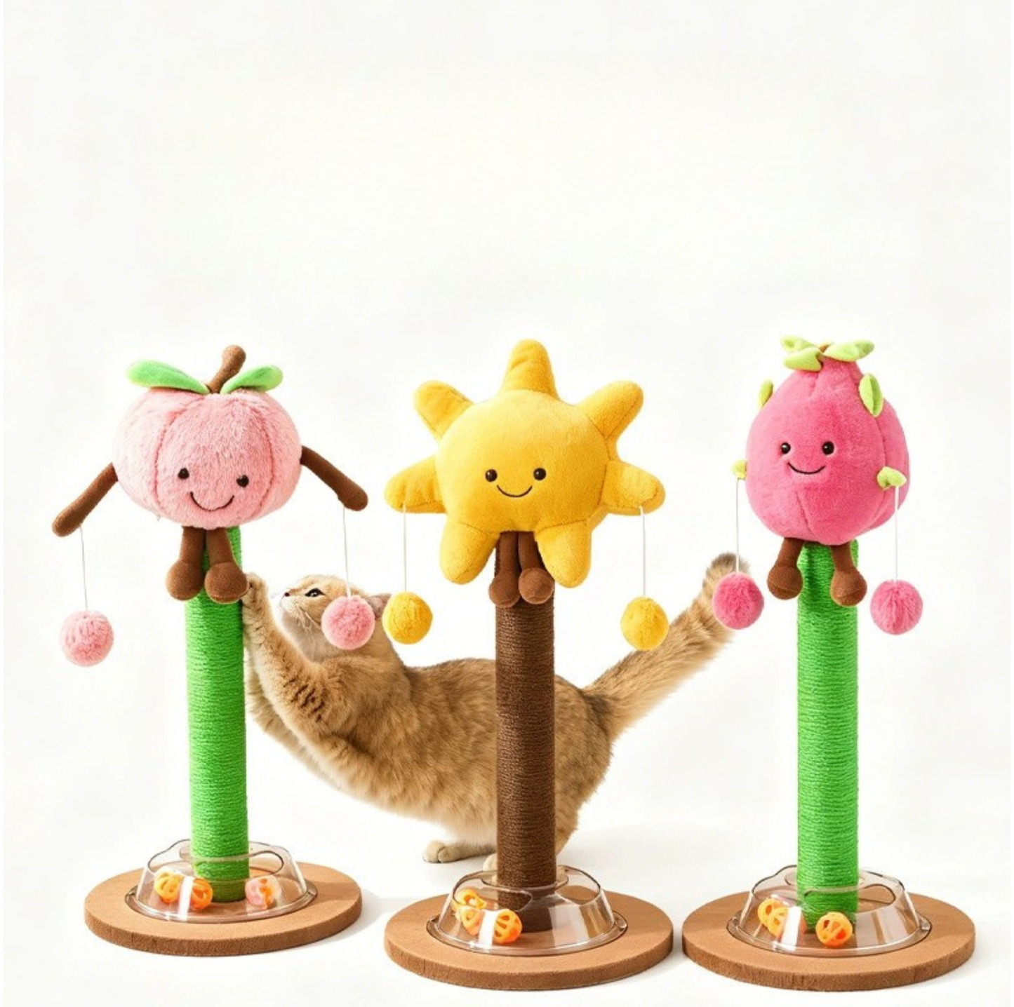 Plush Character Cat Scratching Post with Dangling Toys and Track Ball
