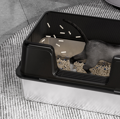 Stainless Steel High-Fenced Cat Litter Box - Semi-Enclosed