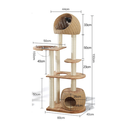150cm Solid Oak Wood Cat Tree Tower with full Sisal Posts - 81004s