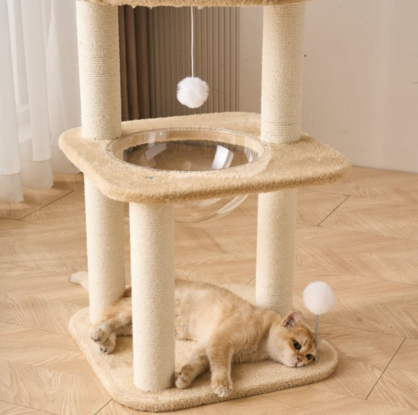 Khaki Plush Four-Level Cat Tree with Acrylic Bowl