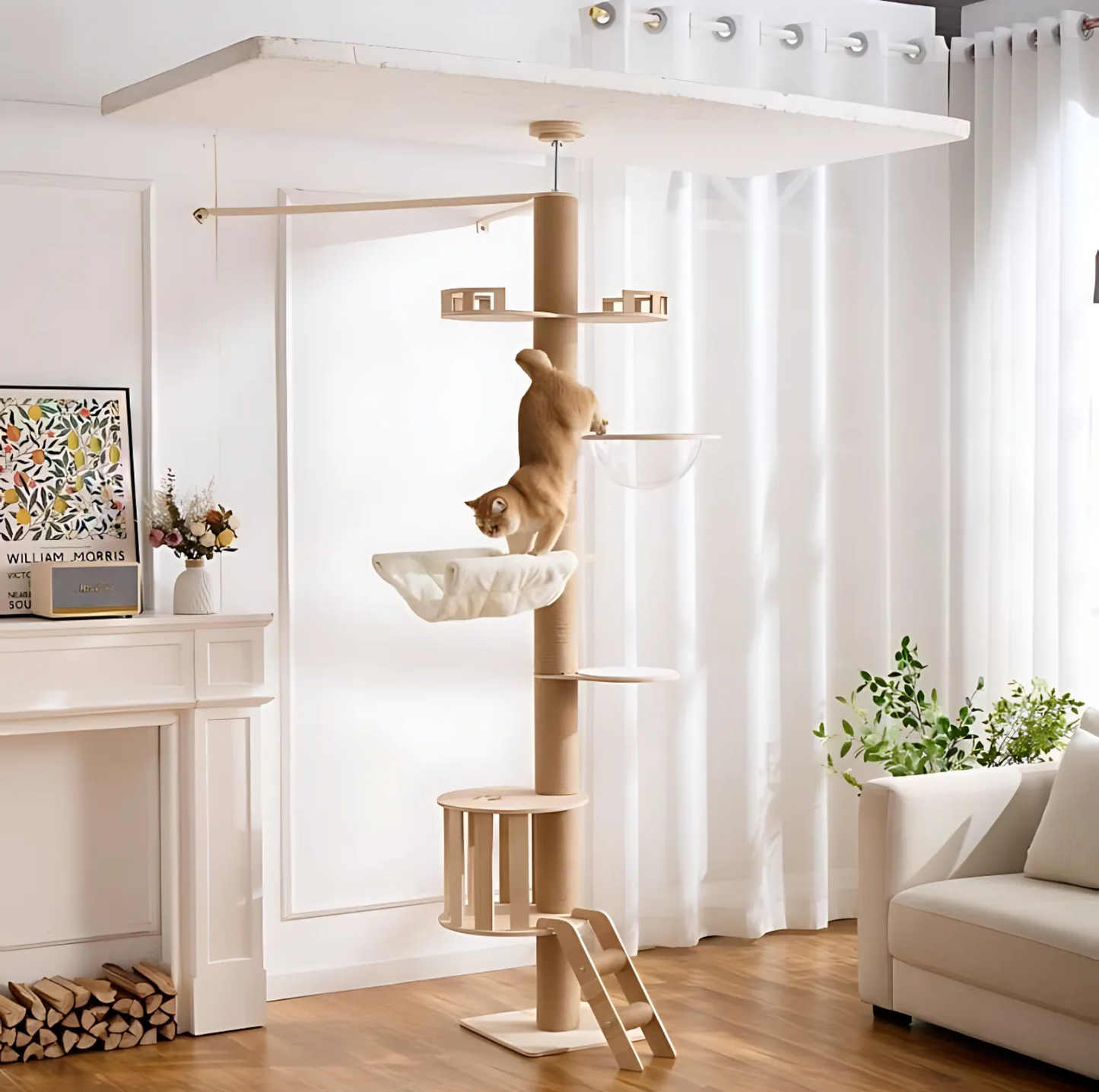 Height Adjustable Wooden Floor-to-Ceiling Cat Tower