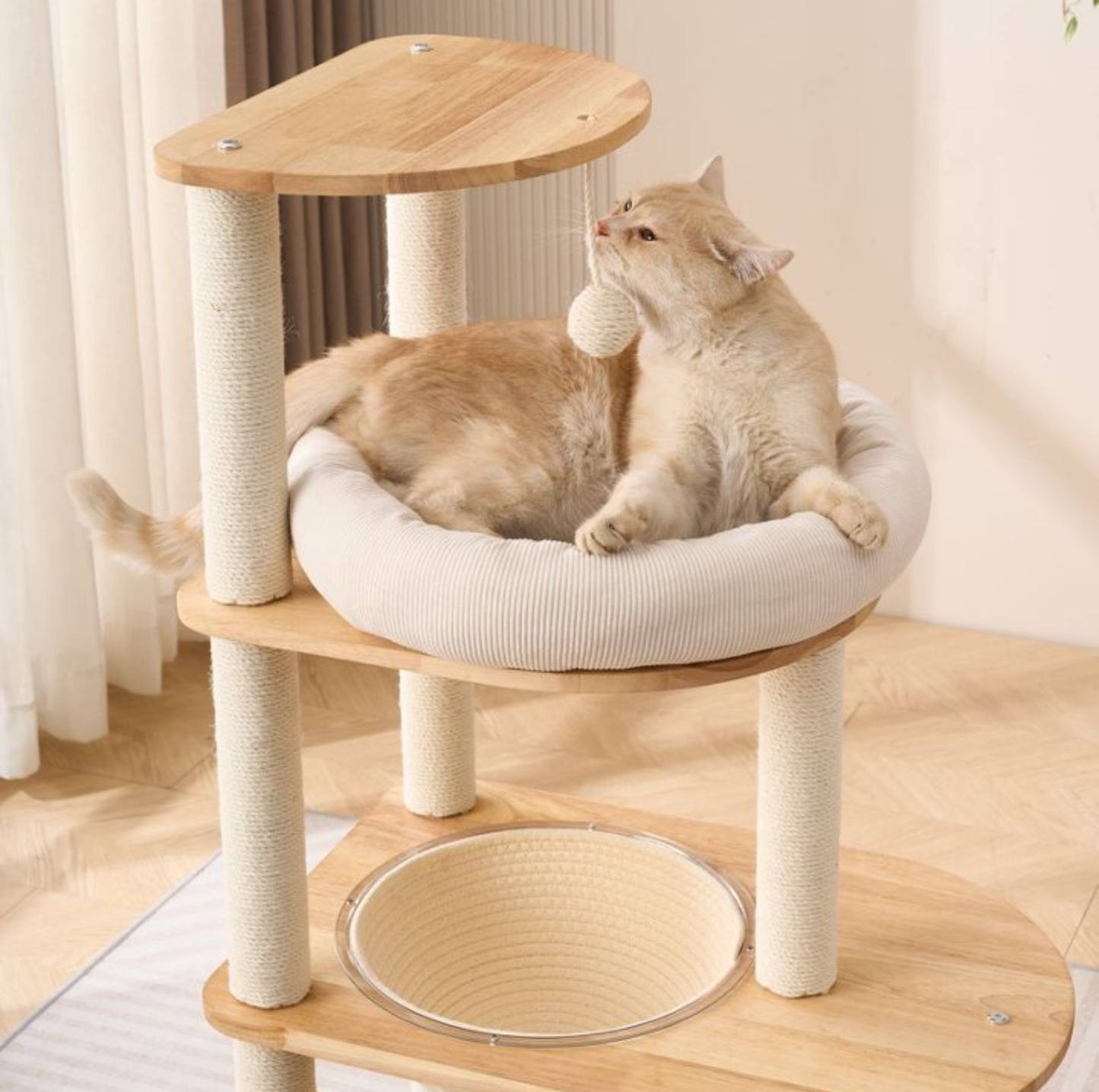 Wooden Cat Tree with Vertical Sisal Scratching Board & Play Features