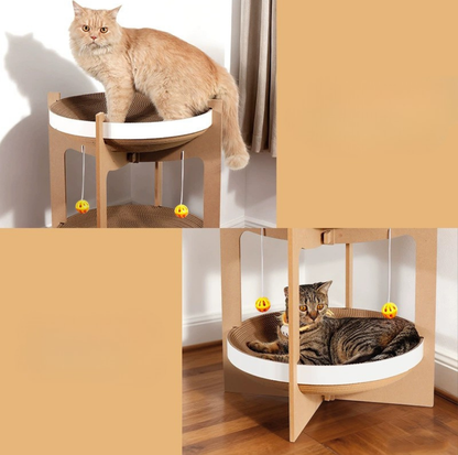 Double-Layer Cat Scratcher Lounge Tower with Hanging Toys