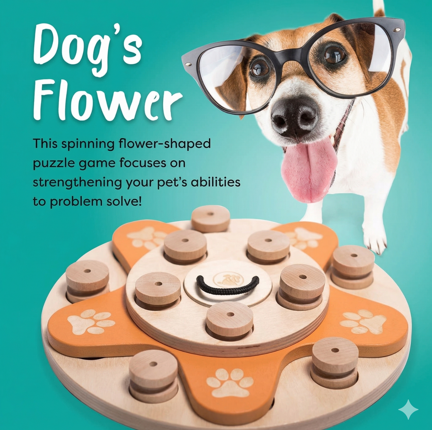 Interactive Wooden Dog Puzzle Toy – Flower Shape Slow Feeder & Treat Game