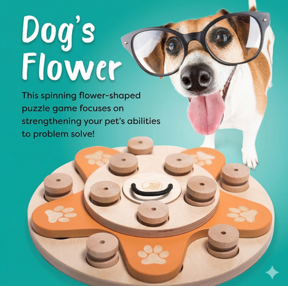 Interactive Wooden Dog Puzzle Toy – Flower Shape Slow Feeder & Treat Game