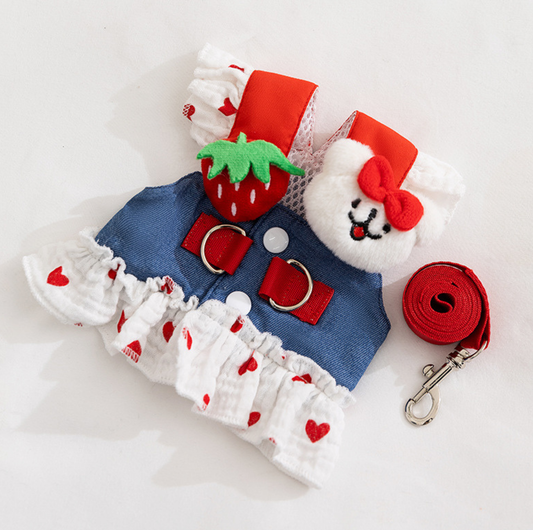 Denim Strawberry Suspender Pet Dress for Cats & Small Dogs