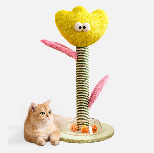 Cartoon Flower & Cactus Cat Scratch Pole – with Ball Track Base