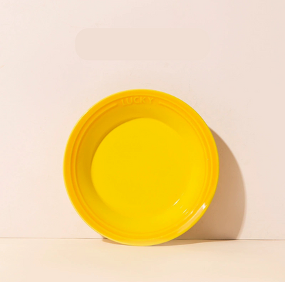 Lucky 6-Inch Flat Ceramic Pet Bowl – Multicolour Glazed Plate for Cats & Small Dogs