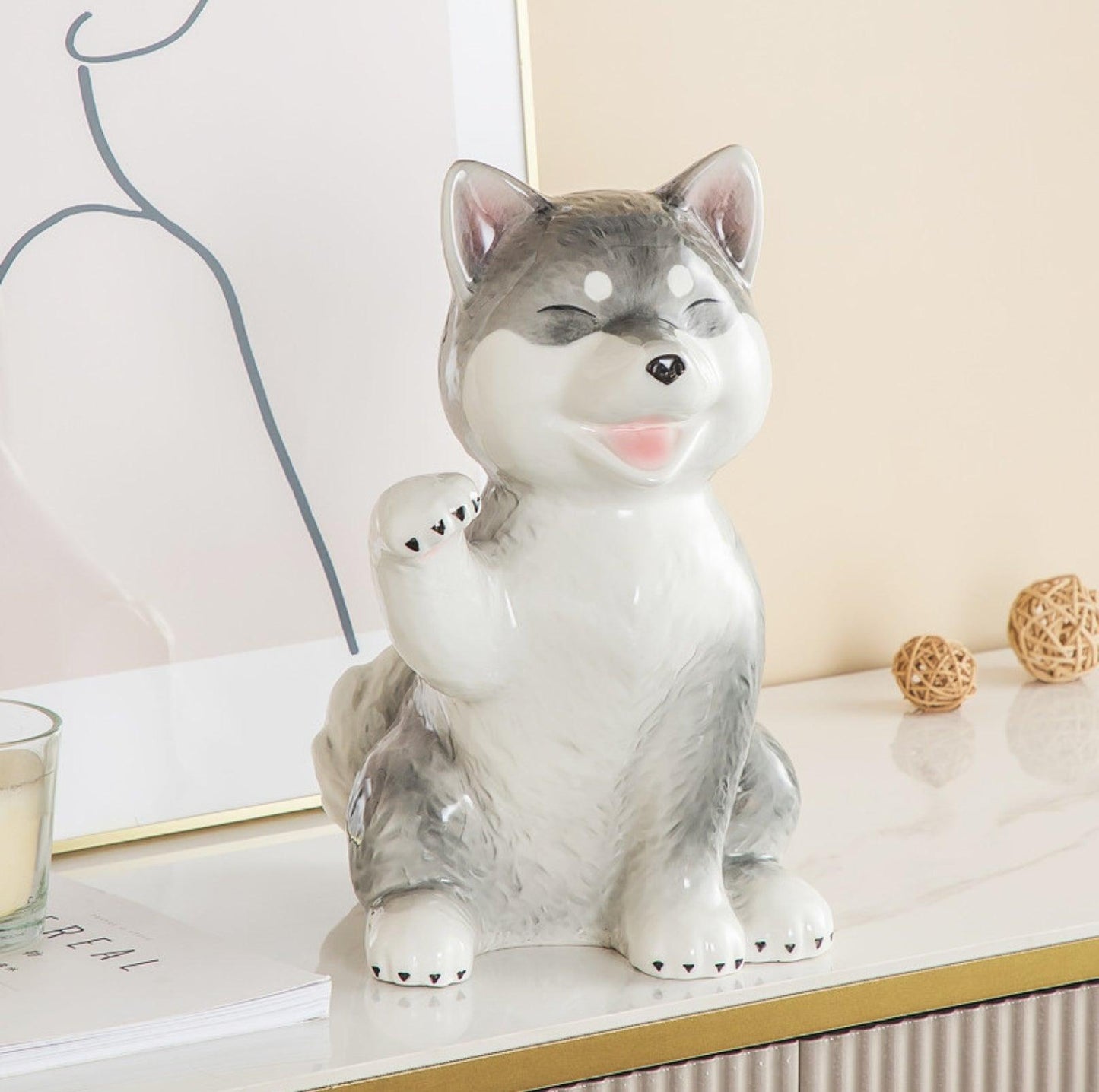 Shiba Dog-Inspired Ceramic Home Decor Ornament- With Randomly Selected Bib Accessory