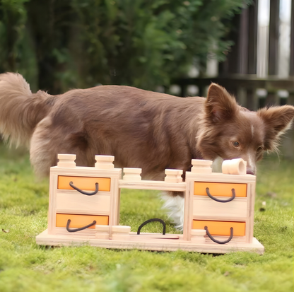 Interactive Wooden Dog Puzzle Toy – Two Towers Multi-Level Treat Game (Advanced Enrichment)