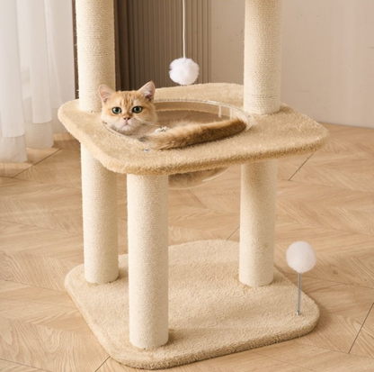 Khaki Plush Four-Level Cat Tree with Acrylic Bowl