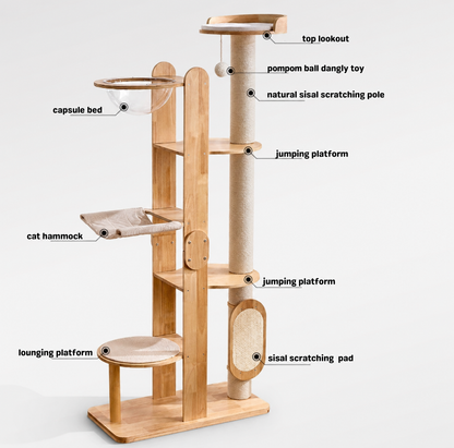 Solid Wood Multi-Level Cat Tower - 183cm