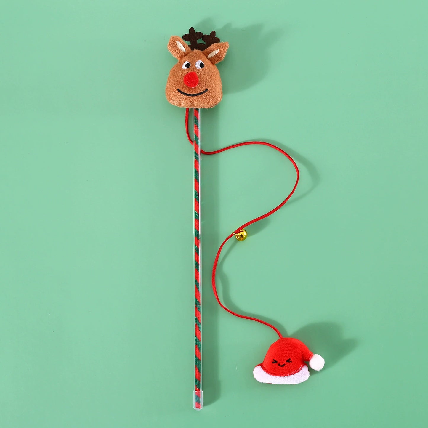 Christmas Cat Teaser Wand — Plush Holiday Toy with Bell