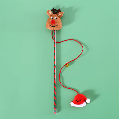 Christmas Cat Teaser Wand — Plush Holiday Toy with Bell