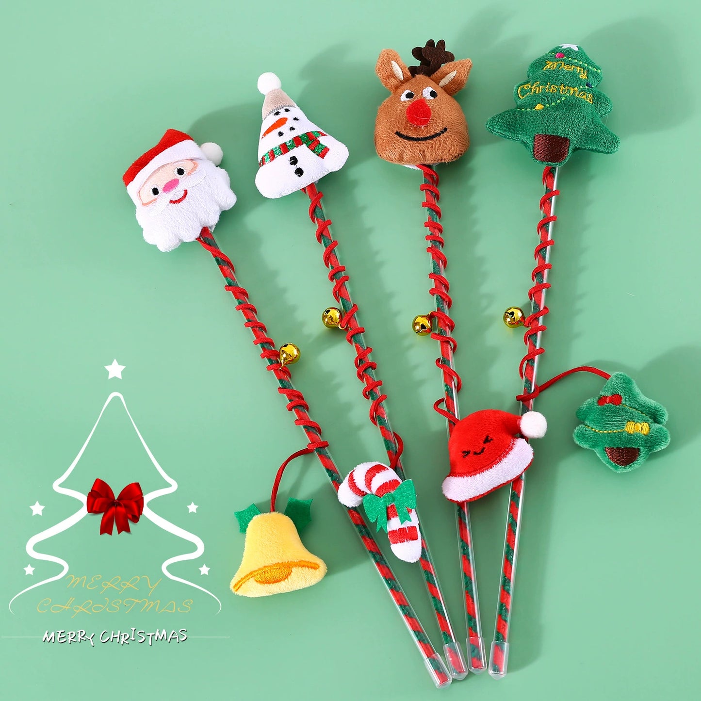 Christmas Cat Teaser Wand — Plush Holiday Toy with Bell