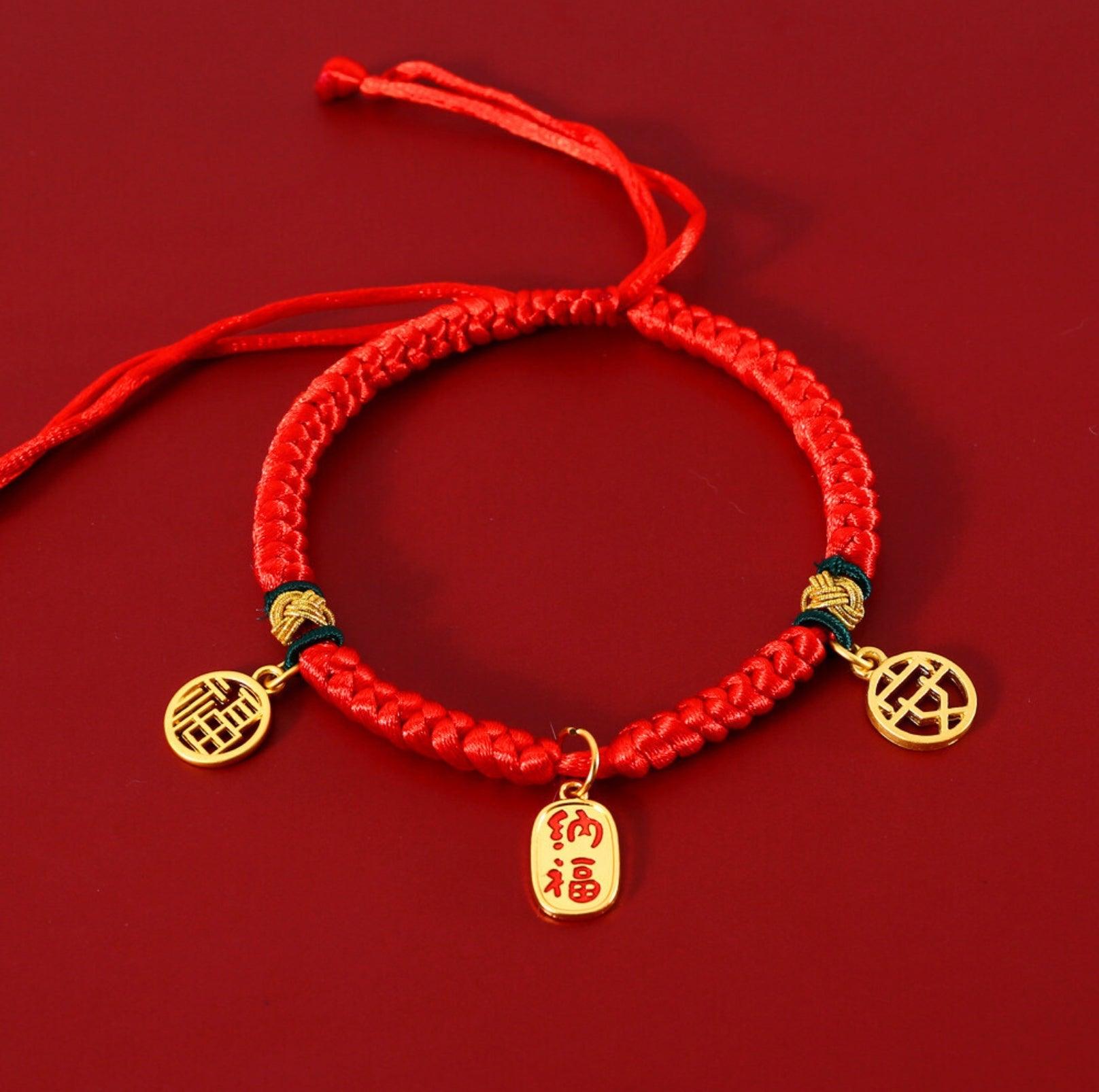 Adjustable Red Cord Pet Collar with Chinese Wishes Pendants - {{product.type}} - PawPawUp