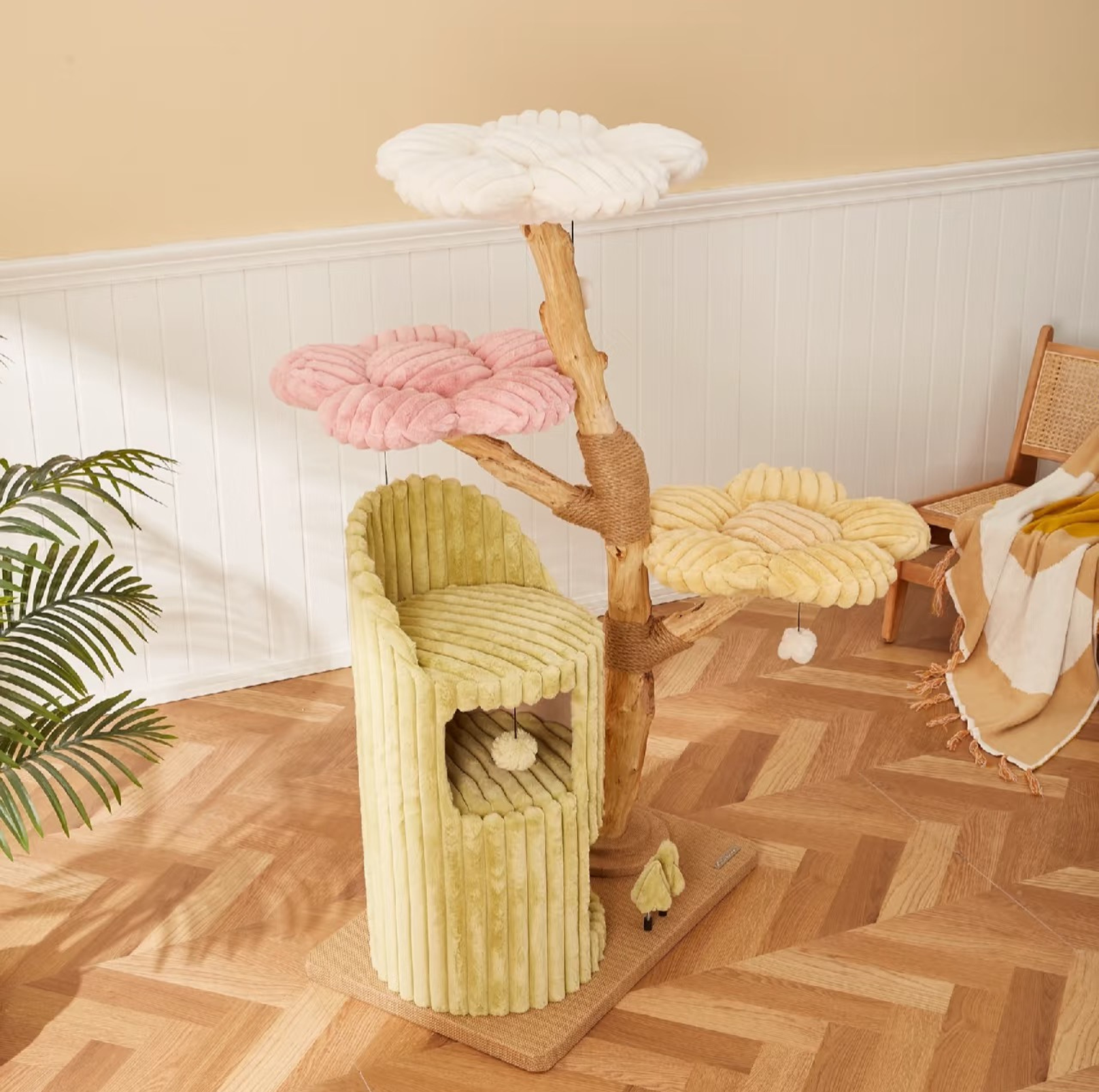 Cmisstree Flower-Inspired Wooden Cat Tree with Cat House - Natural Fruitwood - {{product.type}} - PawPawUp