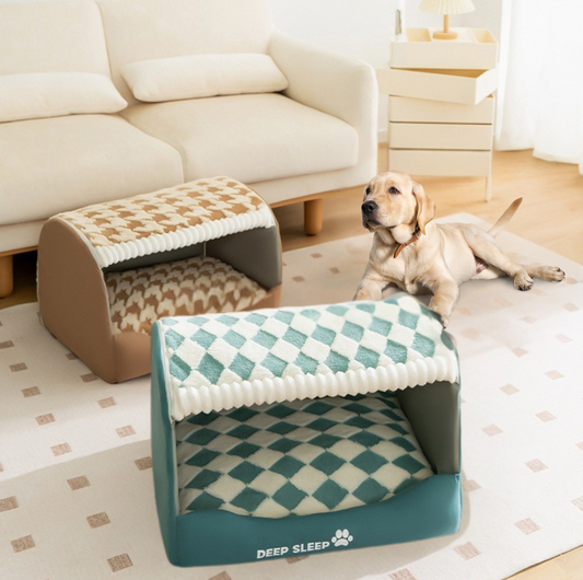 Houndstooth Winter Pet Bed – Plush Nest with Removable Cushion - {{product.type}} - PawPawUp