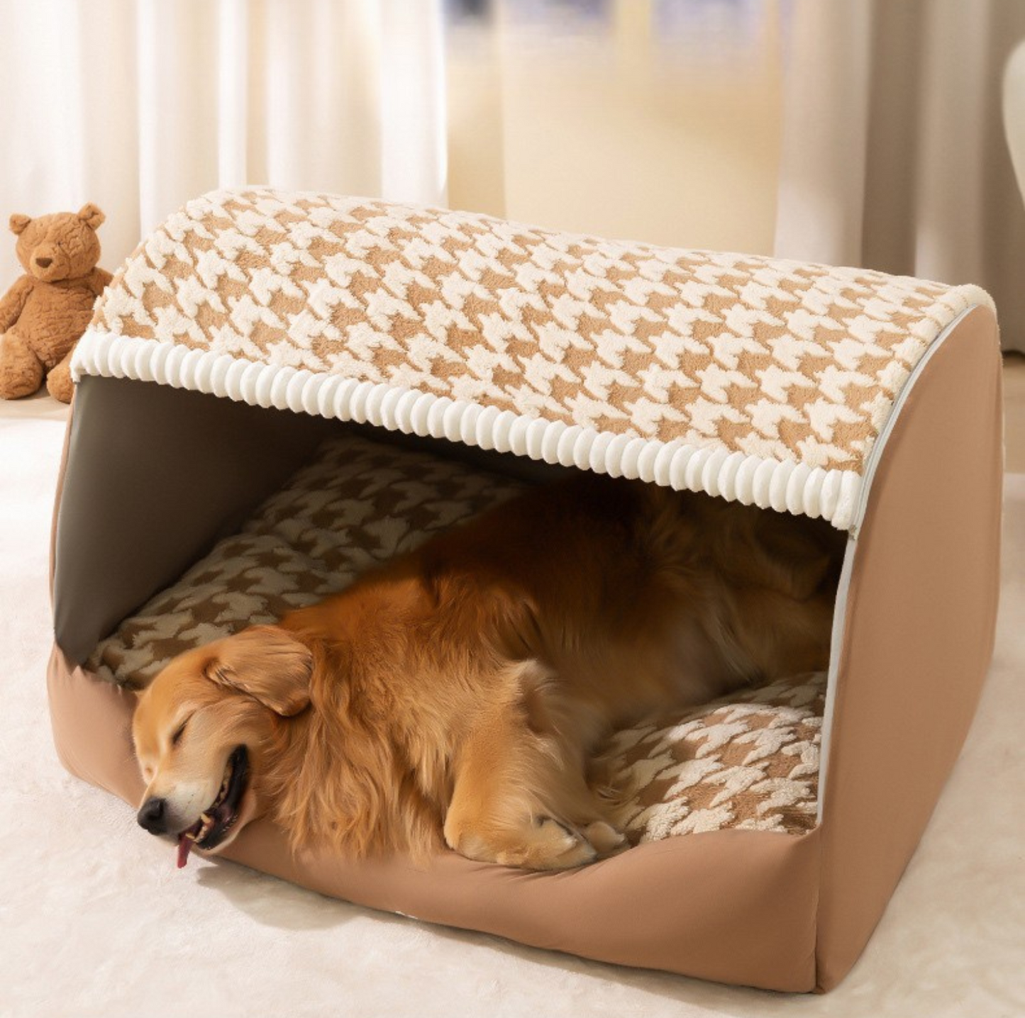 Houndstooth Winter Pet Bed – Plush Nest with Removable Cushion - {{product.type}} - PawPawUp