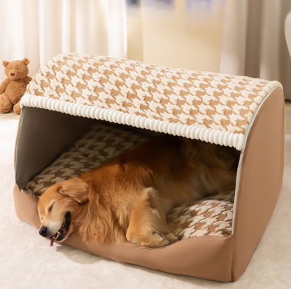 Houndstooth Winter Pet Bed – Plush Nest with Removable Cushion - {{product.type}} - PawPawUp