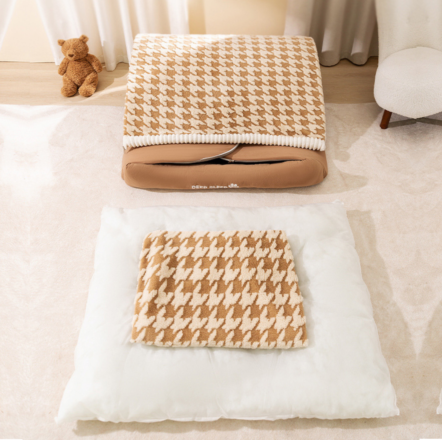 Houndstooth Winter Pet Bed – Plush Nest with Removable Cushion - {{product.type}} - PawPawUp
