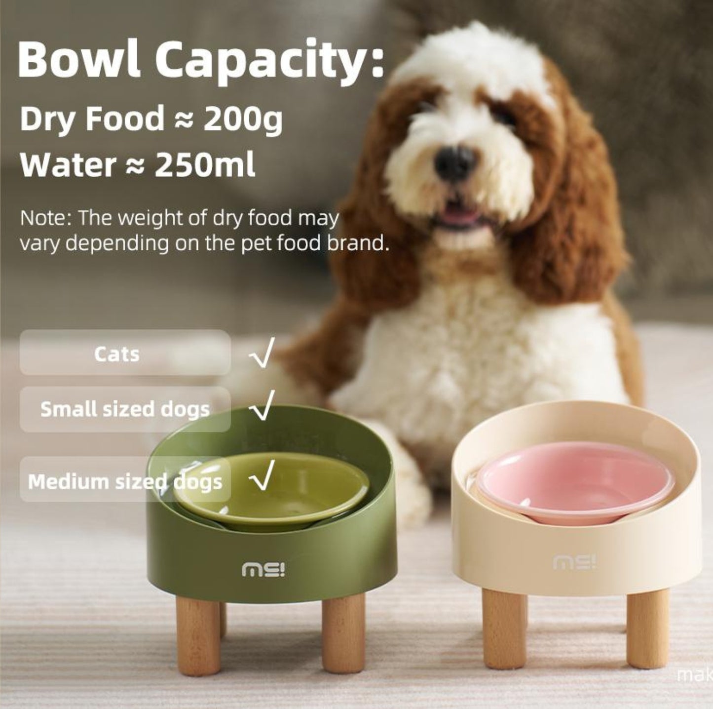 Makesure Rolls Elevated Ceramic Pet Bowl with Wooden Stand - {{product.type}} - PawPawUp