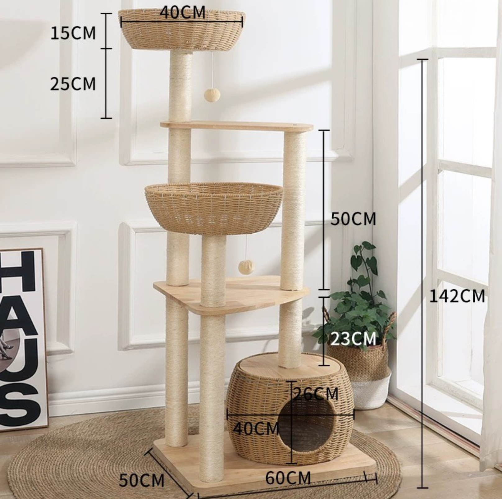 Oak Cat Tower – 6 Levels with Woven Rattan Beds (90855) - {{product.type}} - PawPawUp